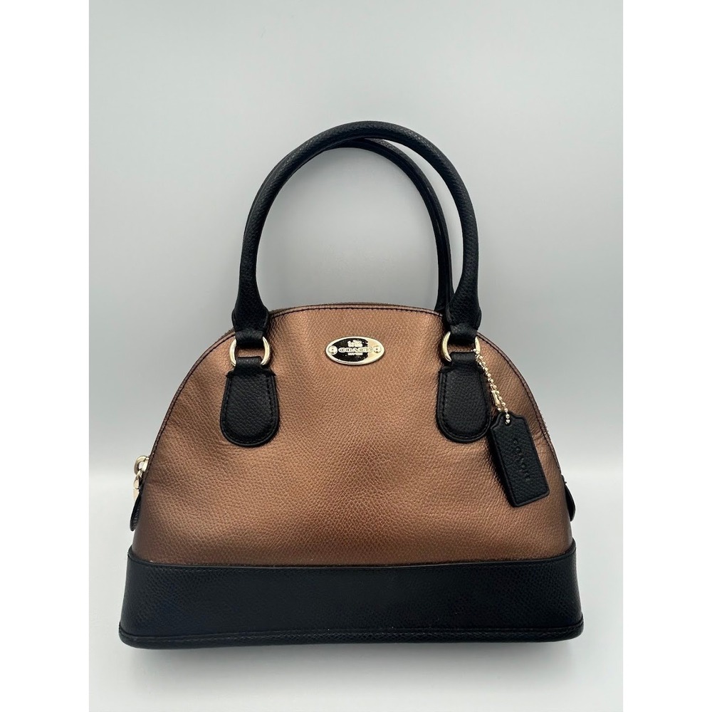 Coach Metallic Bronze Black Leather Dome Satchel Tote Handbag‎ Goldtone Hardware